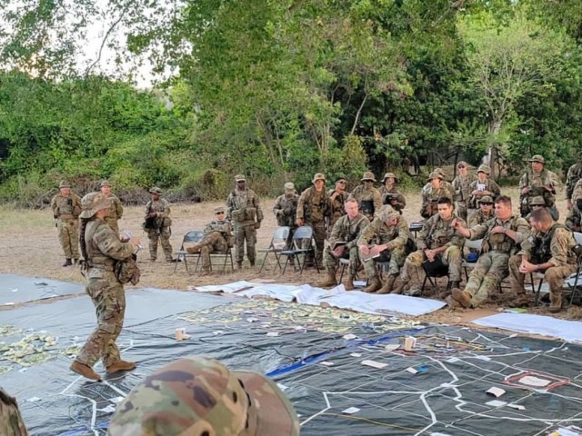 CPT Gabby Davis (acting 2LBCT SPO) briefs senior leaders on the sustainment plan for JPMRC 25-01 on October 5, 2024 at Dillingham Army Airfield.
