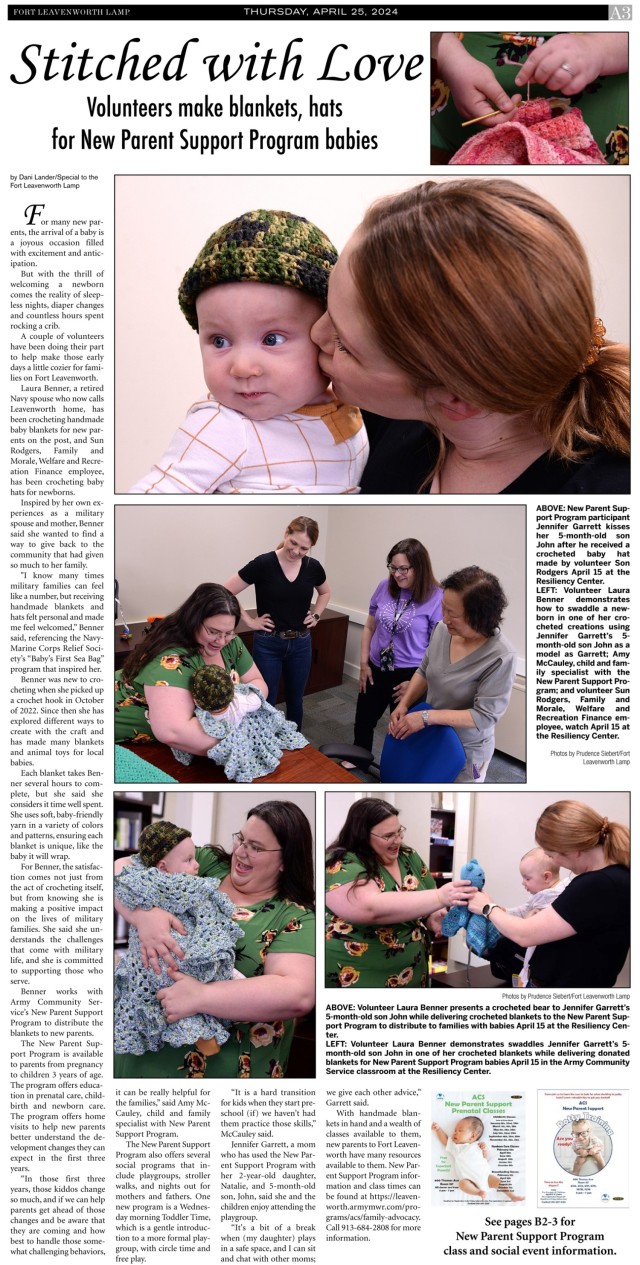 First place: FEATURE STORY“Stitched with Love,” by volunteer writer Dani Lander, about volunteers who crochet blankets and hats for babies served by the New Parent Support Program, placed first in the Kansas Press Association Awards of...