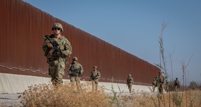 Soldiers assigned to 3rd Platoon, Bravo Company, 1st Battalion, 12th Infantry Regiment, conduct a dismounted squad patrol along the southern border outside of Sierra Blanca, Texas, March 31, 2025.