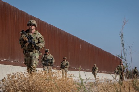 Soldiers assigned to 3rd Platoon, Bravo Company, 1st Battalion, 12th Infantry Regiment, conduct a dismounted squad patrol along the southern border outside of Sierra Blanca, Texas, March 31, 2025.