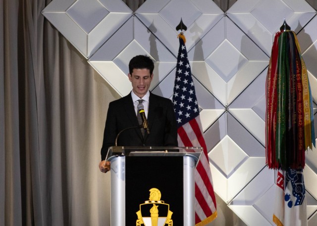 Jack B. Kennedy Schlossberg, President John F. Kennedy&#39;s grandson, speaks on his grandfather&#39;s advocacy of Special Forces as one of his greatest achievements during his presidency during an official DMOR induction ceremony in Pinehurst,...