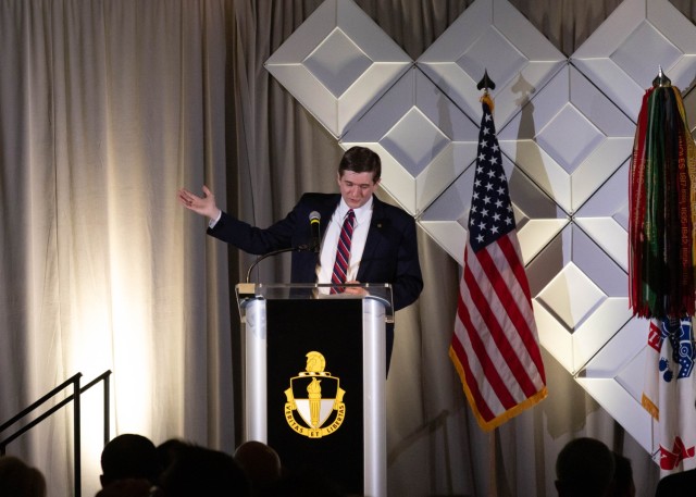 Michael Yarborough, Lt. Gen. William P. Yarborough&#39;s grandson, speaks during the Distinguished Member of the Special Forces Regiment Induction Ceremony about his grandfather&#39;s and JFK&#39;s impact on Special Forces, April 11.