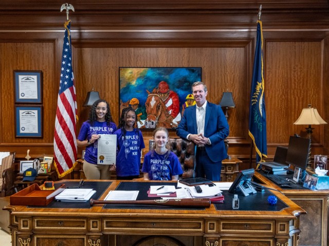Fort Knox Youth of the Year Arianna Leon; Junior Youth of the Year Hailey Bagley and School Age Center Emerging Youth of the Year Charlie Pegues meet Governor Andy Beshear following a Team Kentucky update at the State Capitol Rotunda in Frankfort,...