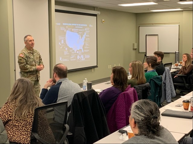 Maj. Gen. Michael Lalor, commanding general, U.S. Tank-automotive and Armaments Command, speaks to members of the Leadership Macomb class during their visit to the Detroit Arsenal Wednesday.