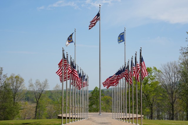 Twenty-five American flags, along with the North Carolina state flag and the Boy Scouts of America flag, fly in formation near the dining facility overlooking Camp Grimes in McDowell County, North Carolina, April 18, 2025. The U.S. Army Corps of...