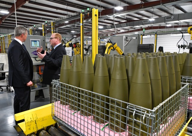 Secretary of the Army Dan Driscoll tours the newly opened Load, Assemble, and Pack (LAP) facility in Camden, AR, on April 22, 2025. The U.S. Army and General Dynamics Ordnance and Tactical Systems opened the facility to manufacture 155 mm high...