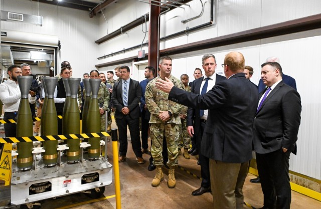 Secretary of the Army Dan Driscoll tours the newly opened Load, Assemble, and Pack (LAP) facility in Camden, AR, on April 22, 2025. The U.S. Army and General Dynamics Ordnance and Tactical Systems opened the facility to manufacture 155 mm high...