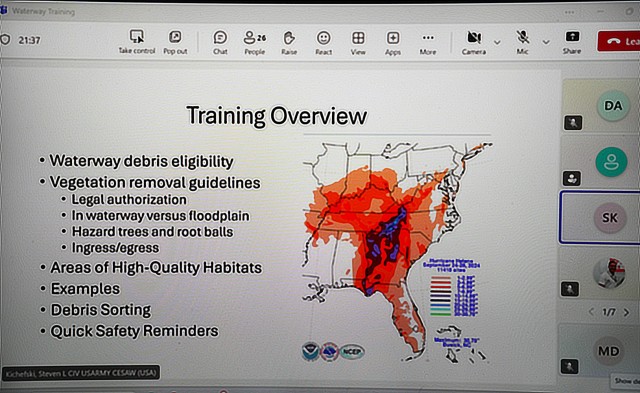 A slide outlines the agenda for a virtual training session conducted by the U.S. Army Corps of Engineers, April 22, 2025. The session covered key topics related to debris removal operations and quality assurance in support of Hurricane Helene...