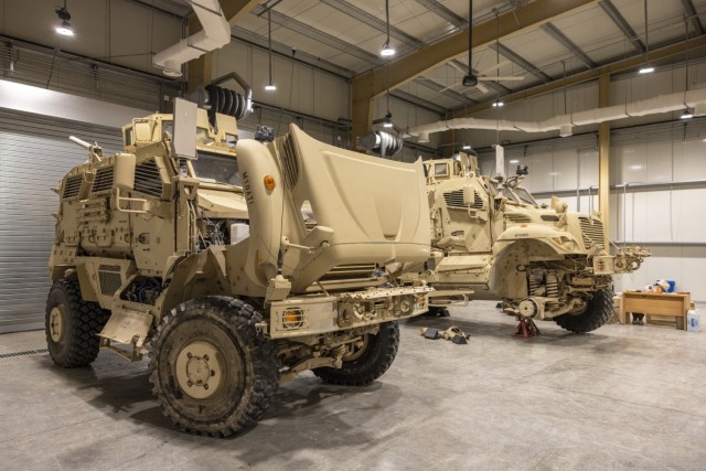 U.S. military propositioned stock sits inside a U.S. Army Corps of Engineers Expeditionary District constructed Tactical Equipment Maintenance Facility, in the U.S. Central Command area of operations.