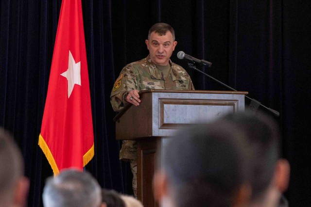 Command Sgt. Maj. Craig M. Hood, the outgoing command sergeant major for Army Counterintelligence Command, delivers remarks at a change of responsibility ceremony at McGill Training Center, Fort Meade, Maryland, April 3, 2025.