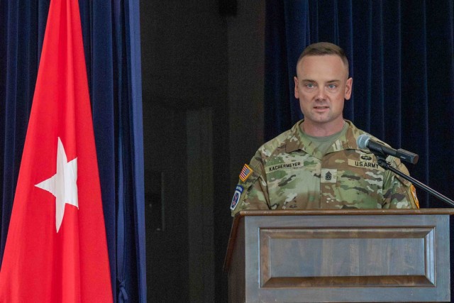 Command Sgt. Maj. Lance R. Kachermeyer, the incoming command sergeant major for Army Counterintelligence Command, delivers remarks at a change of responsibility ceremony at McGill Training Center, Fort Meade, Maryland, April 3, 2025.