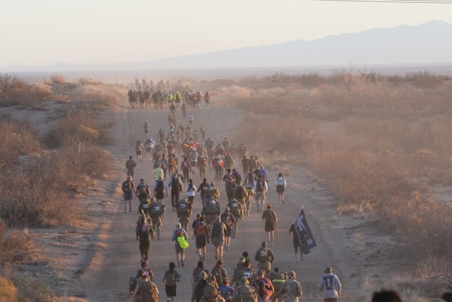 Participants at the 2025 Bataan Memorial Death March make their way along the 26.2 mile route on 22 March 2025. Over 4,600 participants took part in this year’s Bataan Memorial Death March at White Sands Missile Range, New Mexico.