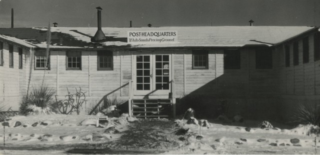 The first White Sands Missile Range Post Headquarters, covered in snow and icicles, where White Sands’ first Commander, Lieutenant Colonel Harold R. Turner, began building Main Post with 163 officers and enlisted personnel of the 9393rd...
