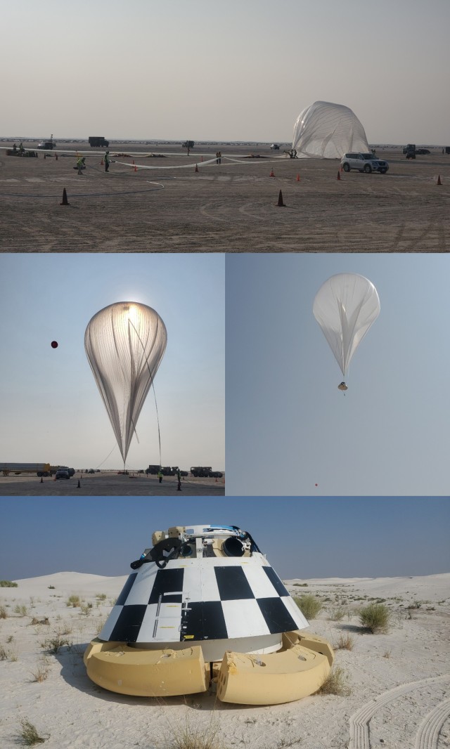 Images taken on 27 September 2020 from Boeing’s Starliner program. The Starliner capsule was lifted by a balloon before being dropped at White Sands Space Harbor to test the capsule’s ability to recover after losing one of its main parachutes.