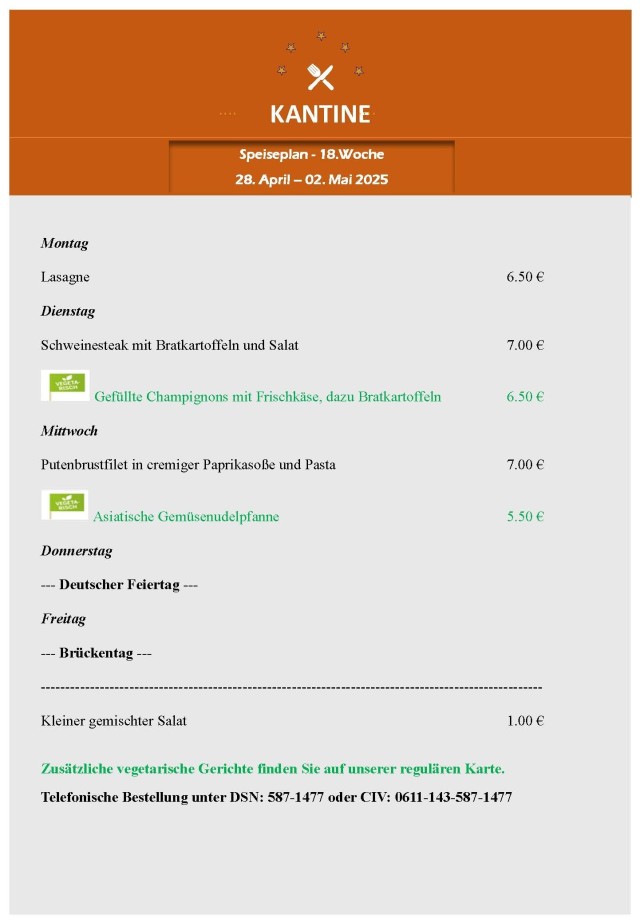 Bismarck Kantine Menu 28 April 2025