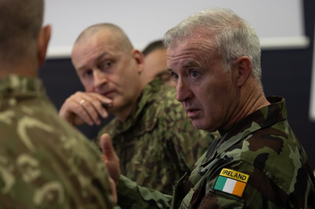 Regimental Sgt. Maj. Keith Caffrey, Irish Defense Forces, speak to a group of fellow senior leaders during break-out sessions at the 18th Annual Conference of European Armies for Noncommissioned Officers (CEANCO) in Tallinn, Estonia, April 17,...