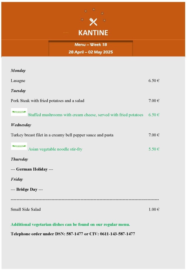 Bismarck Kantine Menu 28 April 2025