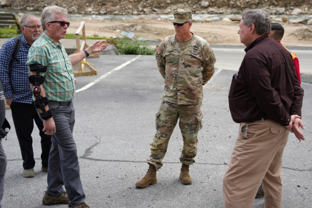 From left to right, Chimney Rock, North Carolina Mayor Peter O’Leary, explains the damage that his town saw after Hurricane Helene to U.S Army Corps of Engineers South Atlantic Division Commander Brig. Gen. Daniel Hibner, and Acting Assistant...