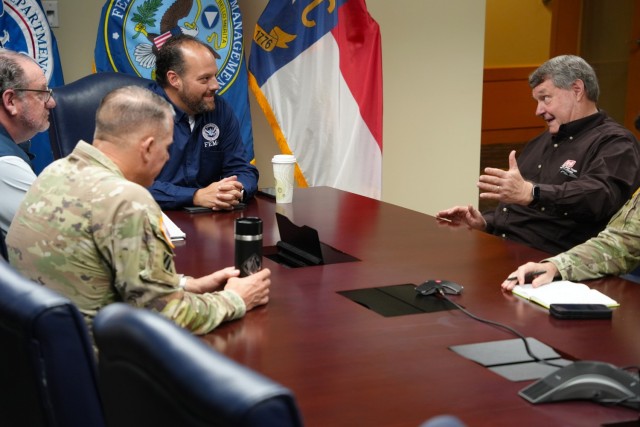 Acting Assistant Secretary of the Army for Civil Works, Lee Forsgren (right), meets with senior FEMA and U.S. Army Corps of Engineers leadership at the FEMA field office in Asheville, North Carolina, on April 25, 2025. The meeting focused on...
