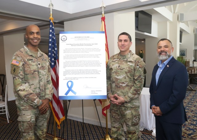PICATINNY ARSENAL, N.J. - (From left) Lt. Col. Craig A. Bonham II, garrison commander, Command Sgt. Maj. David M. Franks, garrison command sergeant major, and Fortunato Rubio, deputy garrison commander, signed an agreement. in support of Child...