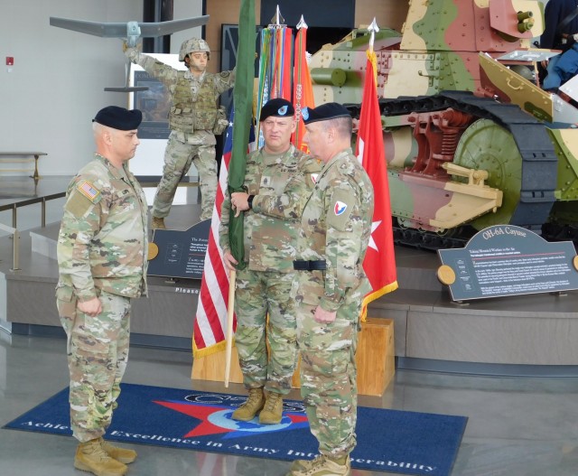 Communications-Electronics Command leaders execute the casing of the colors for the Central Technical Support Facility at Fort Cavazos, Texas, April 28, 2025. From left to right, Lt. Col. Edgar Lopez, CTSF director, Command Sgt. Maj. Jay A. High,...