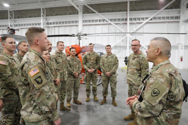 Army aviation students who are slated to participate in a contractor owned and operated Flight School Next pilot program, hear from Chief Warrant Officer of the Army, Chief Warrant Officer 5 Aaron H. Anderson, at Fort Novosel, Alabama, March 28,...