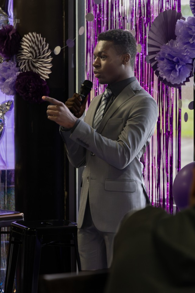 Brendan Gladney recites a speech he gave during the 2025 Military Youth of the Year Competition at the Youth Center.