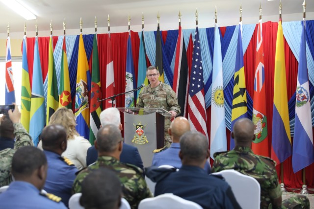 U.S. Air Force Lt. Gen. Evan Pettus, military deputy commander of U.S. Southern Command (SOUTHCOM), provides opening remarks at Teteron Barracks, Chaguaramas, Trinidad and Tobago during TRADEWINDS 25 (TW25) on April 26, 2025. TW25 is a...