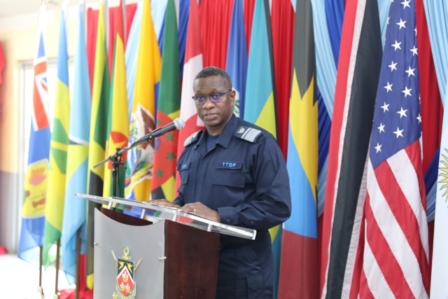 Trinidad and Tobago Defence Force Air Vice Marshal Darryl Daniel, chief of defense staff, provides welcoming remarks at Teteron Barracks, Chaguaramas, Trinidad and Tobago during TRADEWINDS 25 (TW25) on April 26, 2025. TW25 is a U.S. Southern...