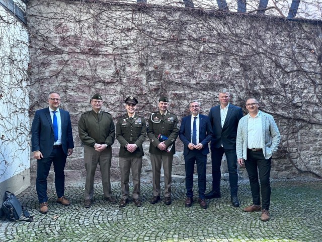 Members of the 928TH Contracting Battalion (CBN) participated in the Suhl World War II Unification Ceremony. Left to Right: Tobias Beuigen, International Stability Operations Association (ISOA) Chapter Director Europe, Lieutenant Colonel (LTC)...