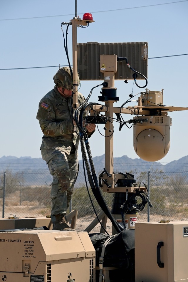 A Military Police Officer trains on the Ground Based Operational Surveillance System (Expeditionary), a multi-spectral sensor and persistent surveillance system, at U.S. Army Yuma Proving Ground on April 8, 2025.