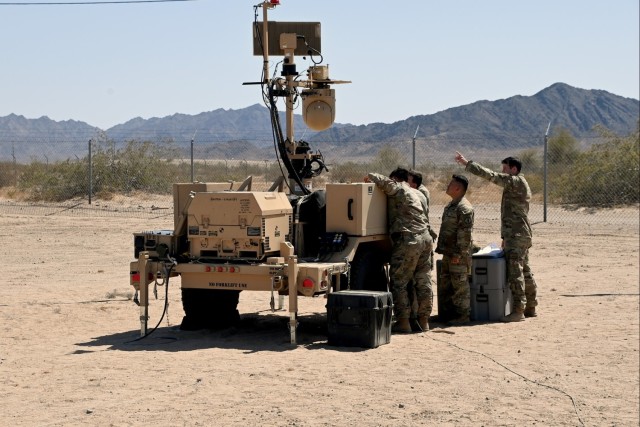 Military Police train on the Ground Based Operational Surveillance System (Expeditionary), a multi-spectral sensor and persistent surveillance system, at U.S. Army Yuma Proving Ground on April 8, 2025.