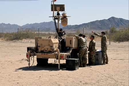 Military Police train on the Ground Based Operational Surveillance System (Expeditionary), a multi-spectral sensor and persistent surveillance system, at U.S. Army Yuma Proving Ground on April 8, 2025.