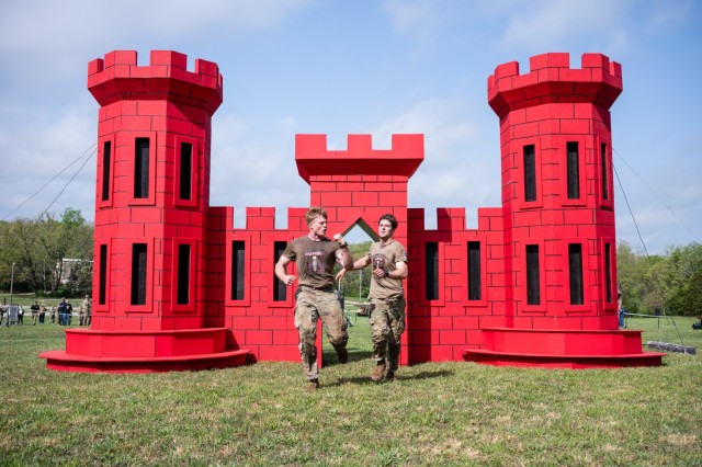 2025 Best Sapper winners, 1st Lt. George Madden and Capt. James Mitchiner with the 75th Ranger Regiment in Fort Benning, Georgia, finish the competition April 28 at Training Area 147.