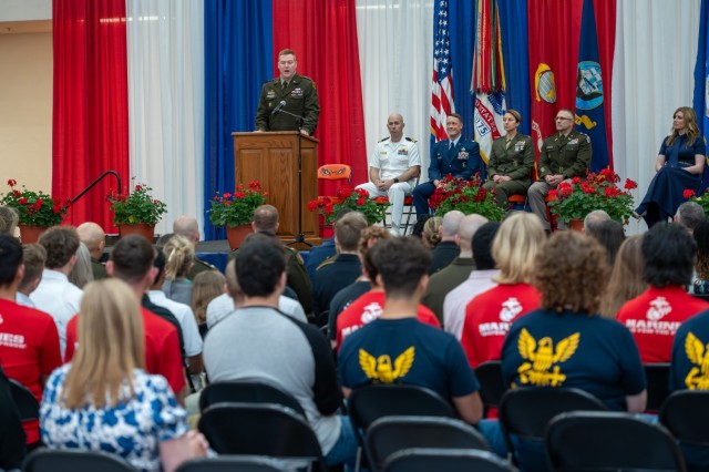 Maj. Gen. Christopher Beck, Maneuver Support Center of Excellence and Fort Leonard Wood commanding general, provides remarks at the 2025 Community Salute to Service April 30 in Waynesville High School’s gym.