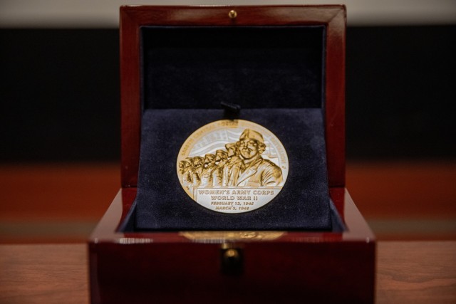 Prior to being awarded to the 6888th Central Postal Directory Battalion for their actions in WWII, the Congressional Gold Medal sits on display in the North Orientation Theater of the U.S. Capitol building.