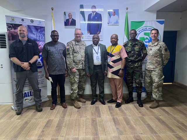 From left: Mr. Brian Brace, Africa State Partnership Program coordinator, Michigan National Guard; Dr. Mohamed Boie Jalloh, Director of Planning, Policy, and Research, National Public Health Agency of Sierra Leone; U.S. Army Maj. Steven Haggerty;...