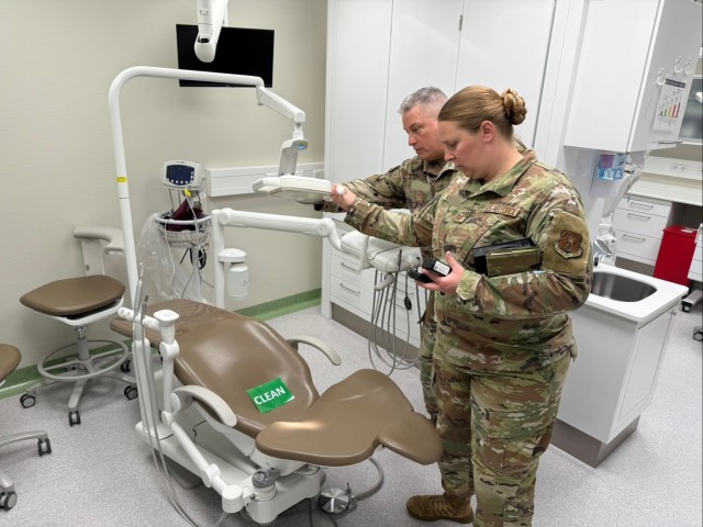 Master Sgt Ashley Malone and Maj. Rolf Osteraas conducting an illumination survey in the Landstuhl Specialty Dental Clinic