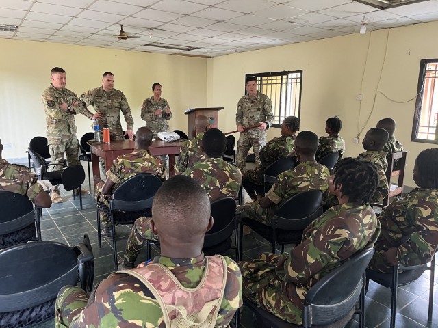 U.S. Army 1st Sgt. Derek Smith, 177th Regional Training Institute, Michigan National Guard, leads a discussion with instructors assigned to the Republic of Sierra Leone Armed Forces (RSLAF) Armed Forces Training Center, April 16, 2025, at the...