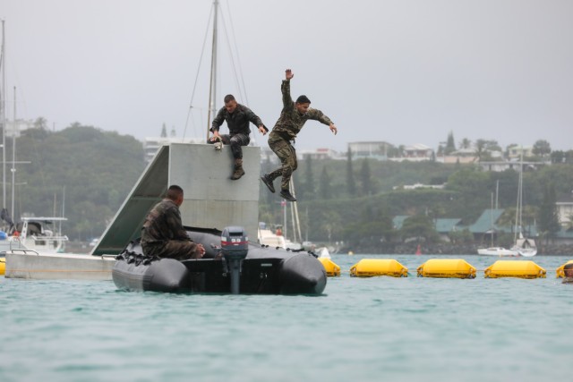 U.S. Army Spc. Kimo Limes, 1st Platoon, 368th Military Police Company and the French Armed Forces participate in a deep-water obstacle course during Croix Du Sud 2025, or &#34;Southern Cross,&#34; which is the biennial joint/multilateral field...