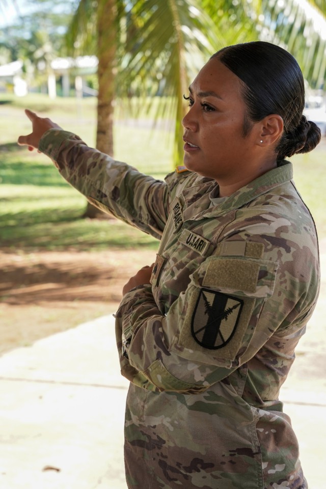U.S. Army Sgt. Robbey L. Romanes, a 368th MP Soldier and non-commissioned officer (NCO) in charge of the 26 enlisted Army Reserve Soldiers stationed on Guam and residing in Guam, Hawaii, or Saipan and works alongside one commissioned officer.