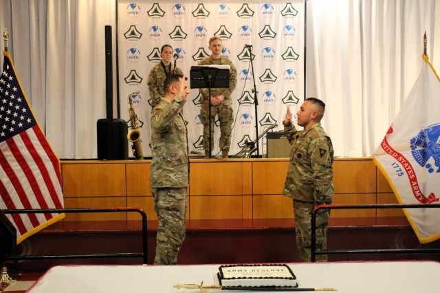 Fort McCoy Deputy Garrison Commander Lt. Col. Mike Corkum leads a reenlistment ceremony for a Soldier during the 2025 observance of the Army Reserve birthday April 23, 2025, at McCoy’s Community Center at Fort McCoy, Wis. Fort McCoy celebrated...