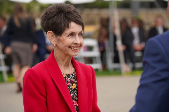 Pamela Roberston, a member of the TACOM Hall of Fame Class of 2024, smiles during the April 29, 2025, Hall of Fame induction ceremony at the Detroit Arsenal.
