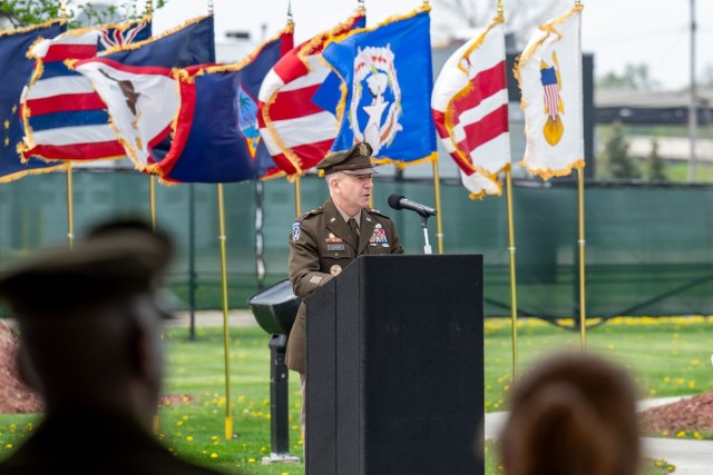 Maj. Gen. Michael B. Lalor, commanding general of TACOM, speaks to honorees, members of the workforce and invited guests during the April 29, 2025, TACOM Hall of Fame induction ceremony.