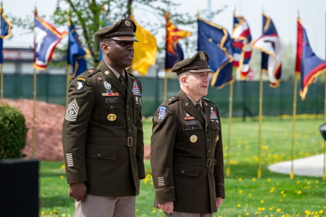 Command Sgt. Maj. Kofie B. Primus and Maj. Gen. Michael B. Lalor, commanding general of TACOM, stand during the April 29, 2025, TACOM Hall of Fame grand opening ceremony.