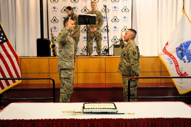 Fort McCoy Deputy Garrison Commander Lt. Col. Mike Corkum leads a reenlistment ceremony for a Soldier during the 2025 observance of the Army Reserve birthday April 23, 2025, at McCoy’s Community Center at Fort McCoy, Wis. Fort McCoy celebrated...