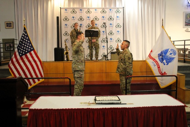 Fort McCoy Deputy Garrison Commander Lt. Col. Mike Corkum leads a reenlistment ceremony for a Soldier during the 2025 observance of the Army Reserve birthday April 23, 2025, at McCoy’s Community Center at Fort McCoy, Wis. Fort McCoy celebrated...