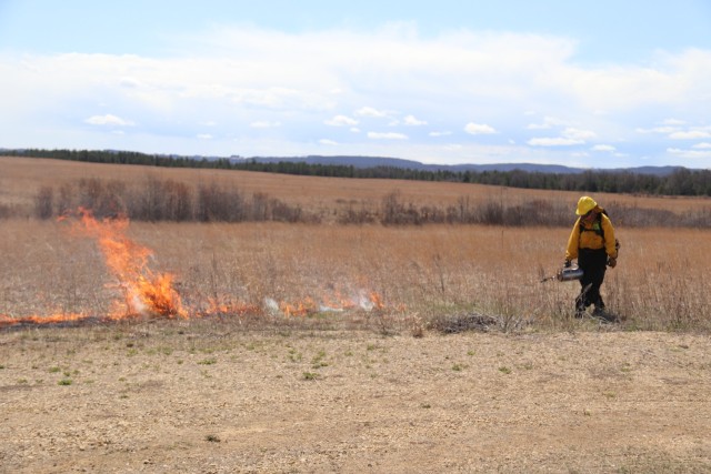 Members of the Fort McCoy prescribed burn team oversee a prescribed burn April 23, 2025, on Badger Drop Zone on South Post at Fort McCoy, Wis. The post prescribed burn team includes personnel with the Fort McCoy Directorate of Emergency Services...