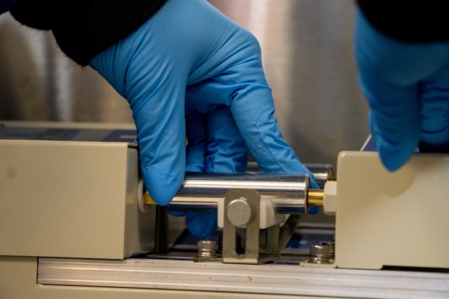 Army C5ISR Center chemical engineer Lexi Karalekas researches batteries at Aberdeen Proving Ground, Maryland, in April 2025.