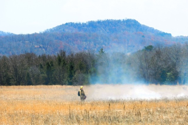 Members of the Fort McCoy prescribed burn team oversee a prescribed burn April 23, 2025, on Badger Drop Zone on South Post at Fort McCoy, Wis. The post prescribed burn team includes personnel with the Fort McCoy Directorate of Emergency Services...